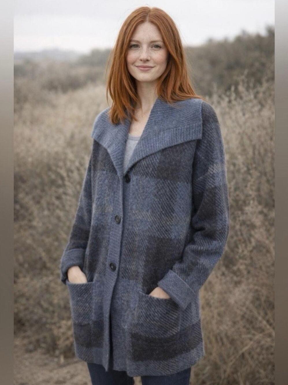 J Jill Ribbed Collard Plaid Longline Cardigan Sweater Blue Gray Wool Blend Sz XL